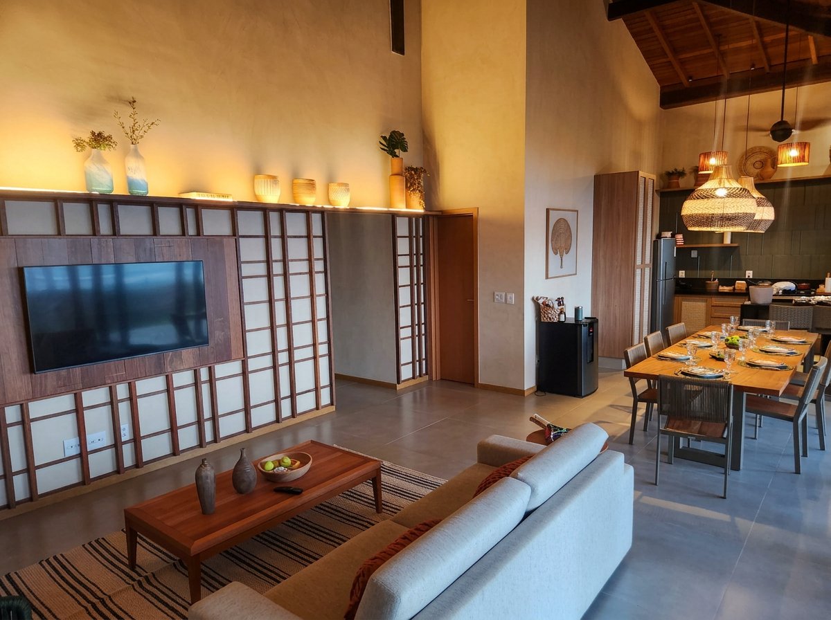 Living integrado da Casa Nareia: sala, sala de jantar e cozinha sob pé-direito duplo com telhado aparente